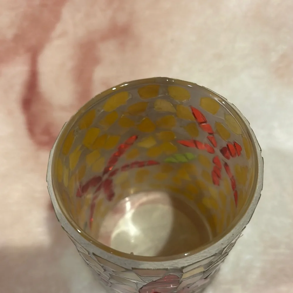 Crate & Barrel Stained Glass Pointsettia Mosaic Candle Holder w scented votifs R